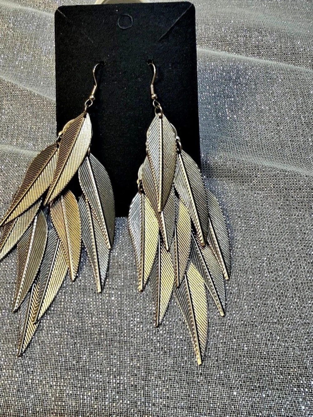 Layered Feather Earrings in Silver Like New